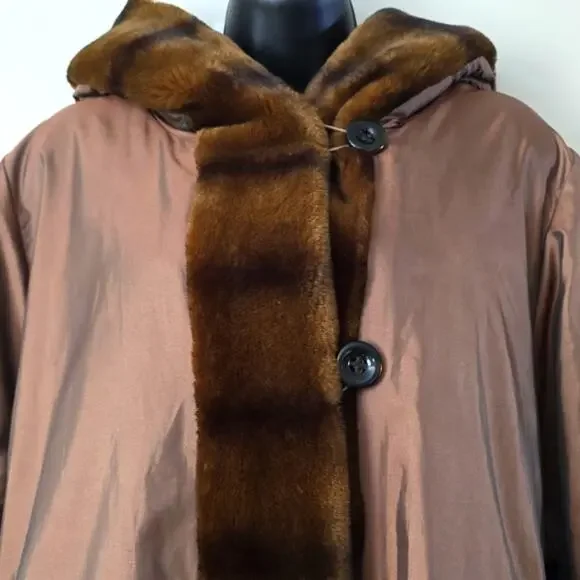 Dennis Basso Chocolate Brown Coat Large Faux Fur Hood Tafetta jacket - Picture 2 of 8